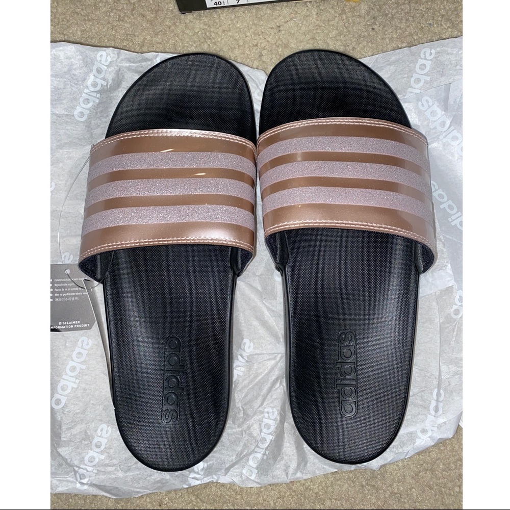 BNIB Adidas Rose Gold Glitter Adilette Slides